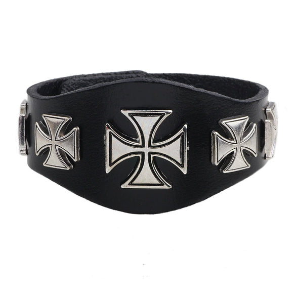 Fashion Leather Alloy Bracelet With Cross Rivet Letters Numbers Text Pattern Electroplating For Men