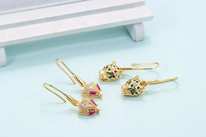 Fashion Leopard Head Pattern Retro Full Zircon Leopard Head Green Eye Leopard Earrings