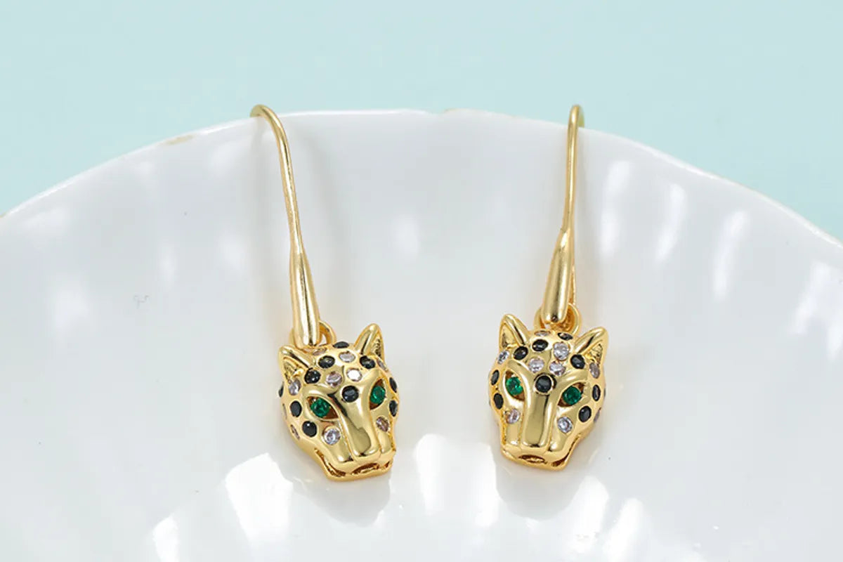 Fashion Leopard Head Pattern Retro Full Zircon Leopard Head Green Eye Leopard Earrings