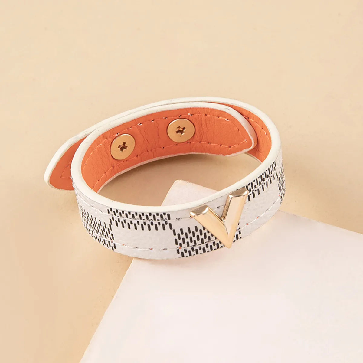 Fashion Letter Plaid Pu Leather Alloy Metal Button Women's Bangle