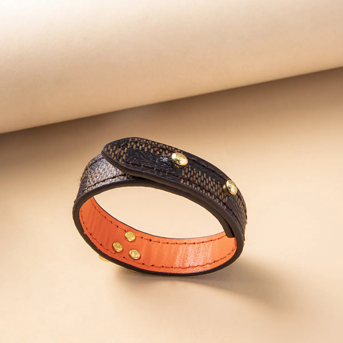 Fashion Letter Plaid Pu Leather Alloy Metal Button Women's Bangle