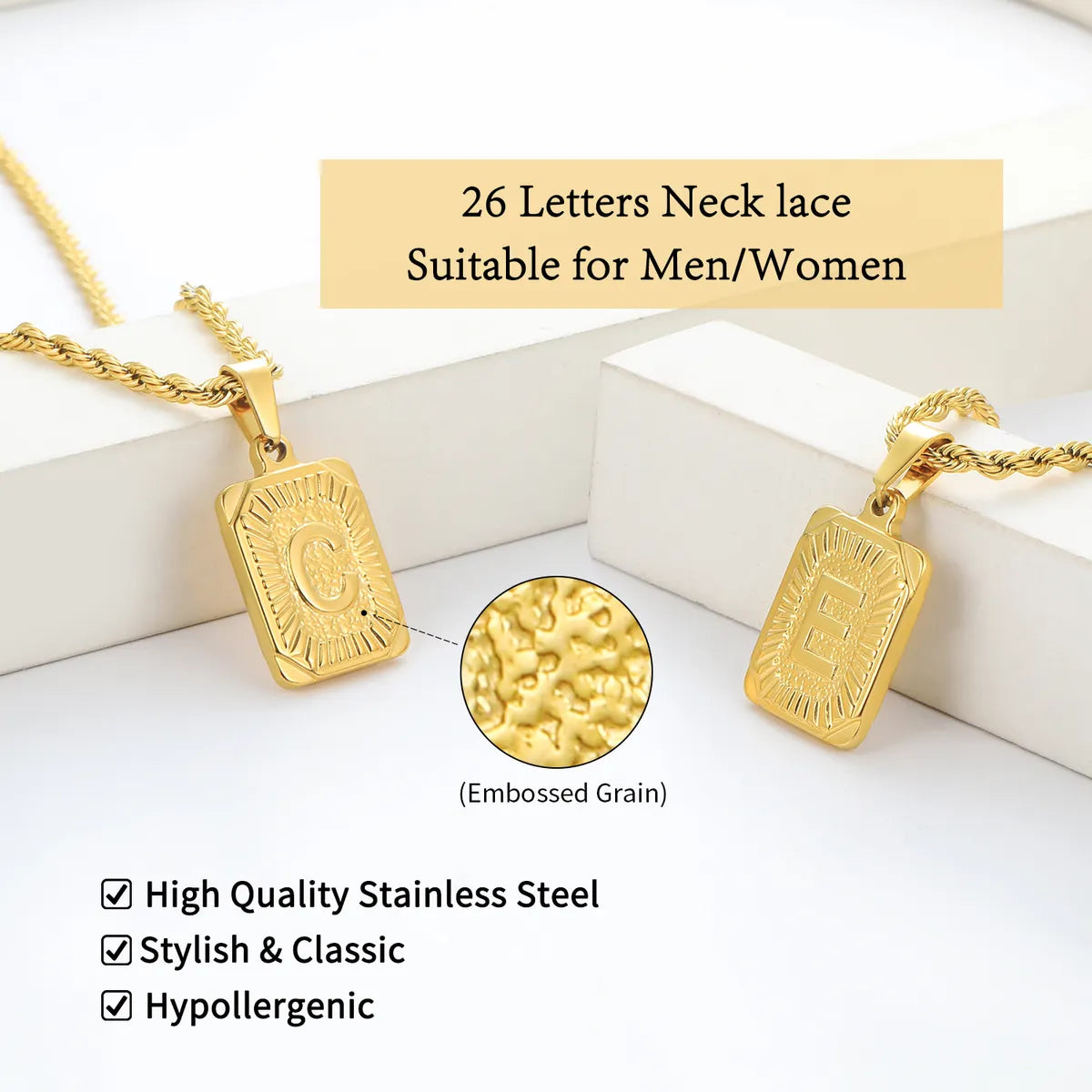 Fashion Letter Square Pendant Stainless Steel Necklace