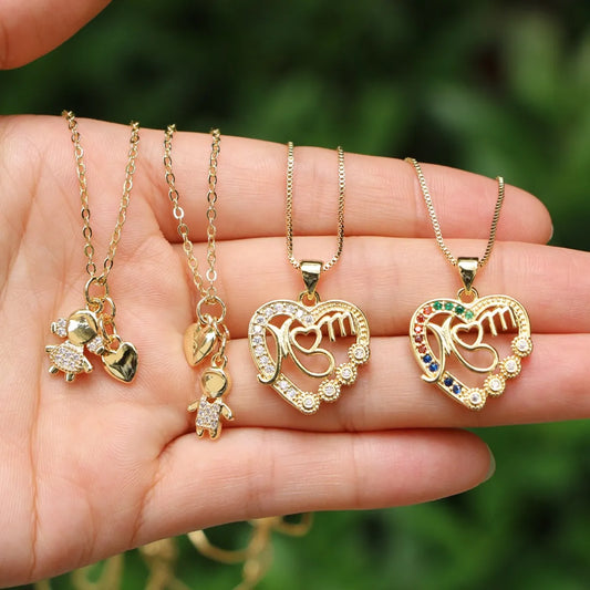 Fashion Letters Mom Hollow Heart-shaped Zircon Pendant Copper Clavicle Chain Jewelry