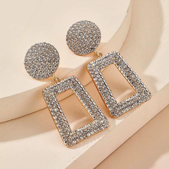 Fashion Light Luxury Alloy Geometric Hollow Earrings With Zirconia Inlay And Metal Diamond Look Design