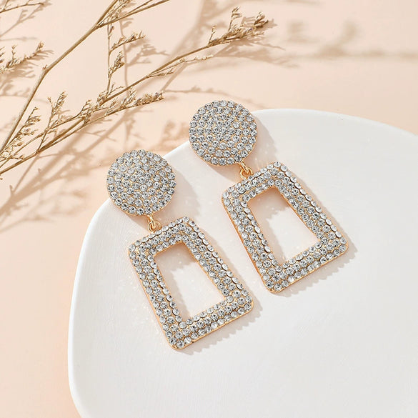 Fashion Light Luxury Alloy Geometric Hollow Earrings With Zirconia Inlay And Metal Diamond Look Design