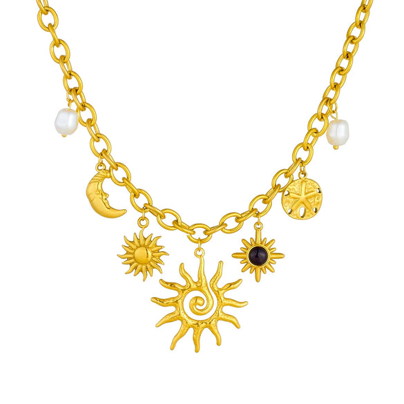Fashion Light Luxury High End Sense Gold Plated Stainless Steel Star Shaped Pendant Necklace With O Word Chain And Gem Pearl Accessories Electroplated