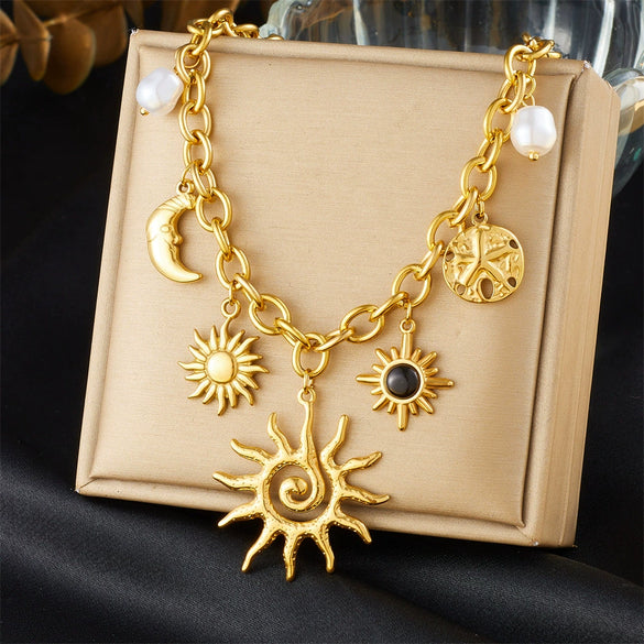 Fashion Light Luxury High End Sense Gold Plated Stainless Steel Star Shaped Pendant Necklace With O Word Chain And Gem Pearl Accessories Electroplated