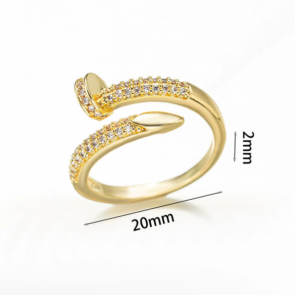 Fashion Light Luxury 18K Electroplated Copper Nail Shape Ring For Women With Heart Flower Diamond Geometric Patterns Opening Adjustable
