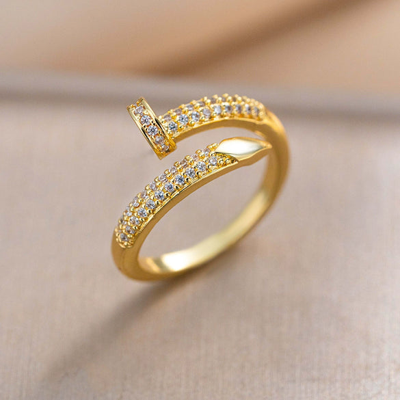 Fashion Light Luxury 18K Electroplated Copper Nail Shape Ring For Women With Heart Flower Diamond Geometric Patterns Opening Adjustable
