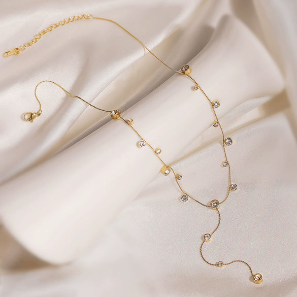 Fashion Light Luxury Plated Stainless Steel Tassel Necklace With Geometric Pattern And Inlaid Zircon