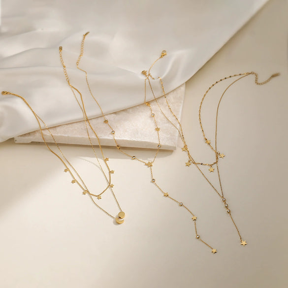 Fashion Light Luxury Stainless Steel Geometric Star Tassel Necklace 18K Gold Plated