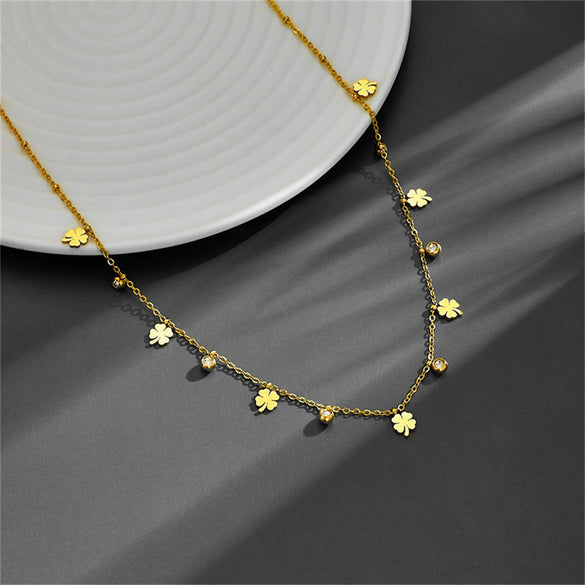 Fashion Light Luxury Titanium Steel Jewelry Set With Four Leaf Flower Love Drops And Bell Patterns For Women Box Chain Included