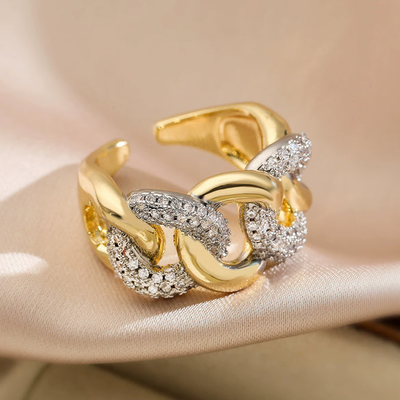 Fashion Light Luxury Twocolor Electroplated Copper Geometric Opening Zircon Ring Micropaved Minimalist Women's