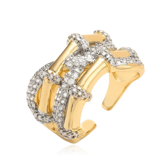 Fashion Light Luxury Twocolor Electroplated Copper Geometric Opening Zircon Ring Micropaved Minimalist Women's