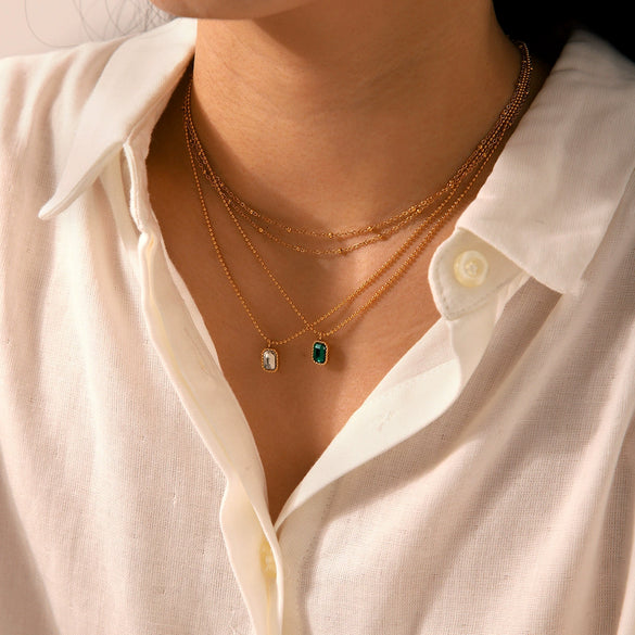 Fashion Light Luxury Zircon Stainless Steel Necklace Women's Electroplated Geometric Ball Chain With Artificial Crystal Pendant