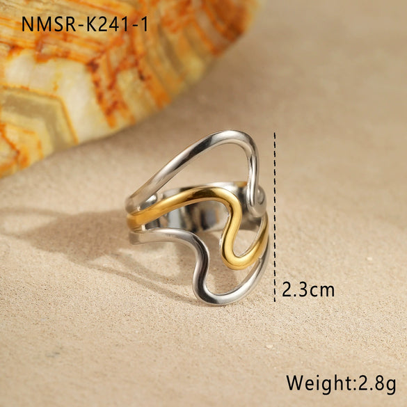 Fashion Line Design Stainless Steel Ring Light Luxury Style Geometric Wave Pattern Electroplated