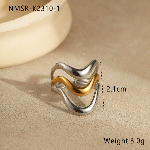 Fashion Line Design Stainless Steel Ring Light Luxury Style Geometric Wave Pattern Electroplated