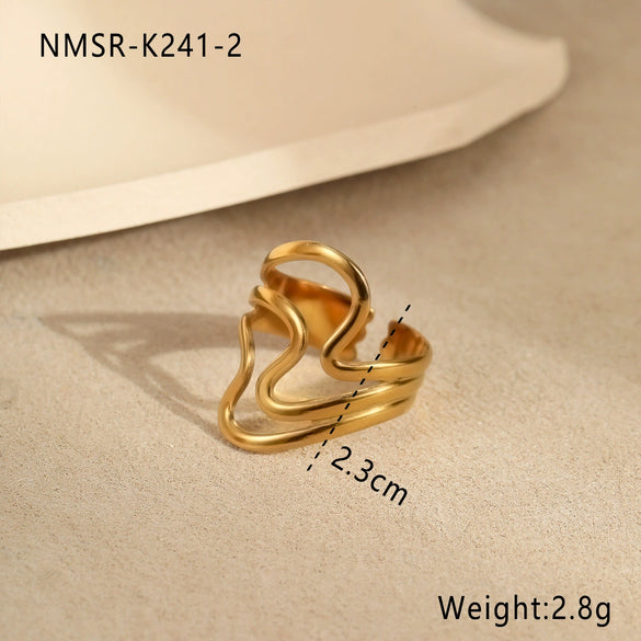 Fashion Line Design Stainless Steel Ring Light Luxury Style Geometric Wave Pattern Electroplated