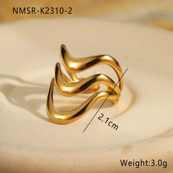 Fashion Line Design Stainless Steel Ring Light Luxury Style Geometric Wave Pattern Electroplated