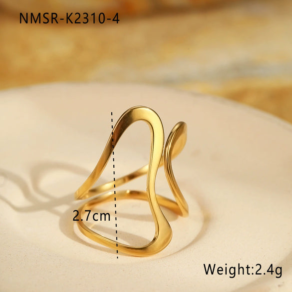 Fashion Line Design Stainless Steel Ring Light Luxury Style Geometric Wave Pattern Electroplated