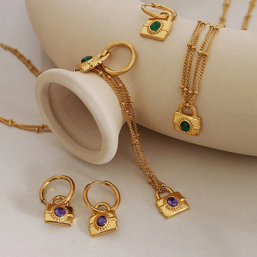 Fashion Lock Titanium Steel Inlay Zircon Earrings Necklace