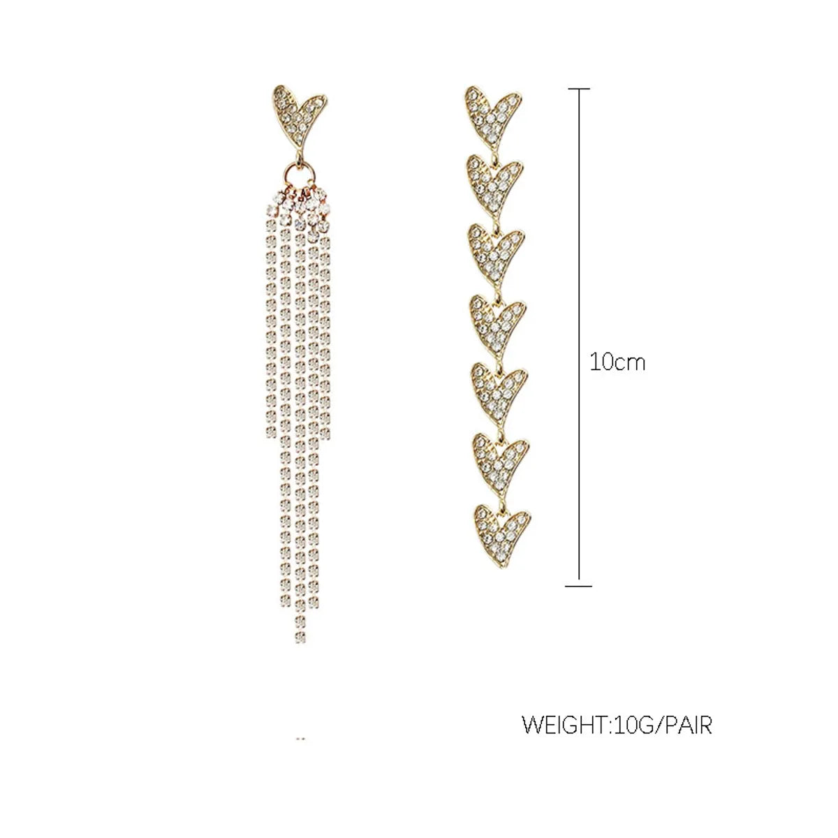 Fashion Long Asymmetric Rhinestone Heart Shaped Metal Earrings