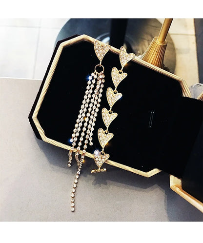 Fashion Long Asymmetric Rhinestone Heart Shaped Metal Earrings