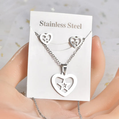 Fashion Love Heart Shape Stainless Steel Hollow Out Earrings Necklace 1 Set