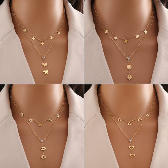 Fashion Love Stainless Steel Necklace With Heart Shape Pendant And Double Layer O Chain Electroplated