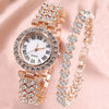 Fashion Luxury Quartz Watch And Double Diamond Bracelet Set Alloy Case Stainless Steel Strap And Clasp Round Dial