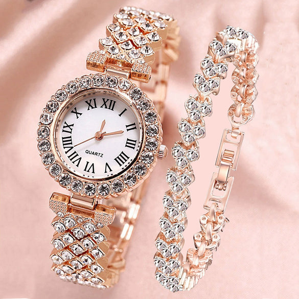 Fashion Luxury Quartz Watch And Double Diamond Bracelet Set Alloy Case Stainless Steel Strap And Clasp Round Dial
