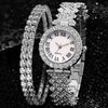 Fashion Luxury Quartz Watch And Double Diamond Bracelet Set Alloy Case Stainless Steel Strap And Clasp Round Dial