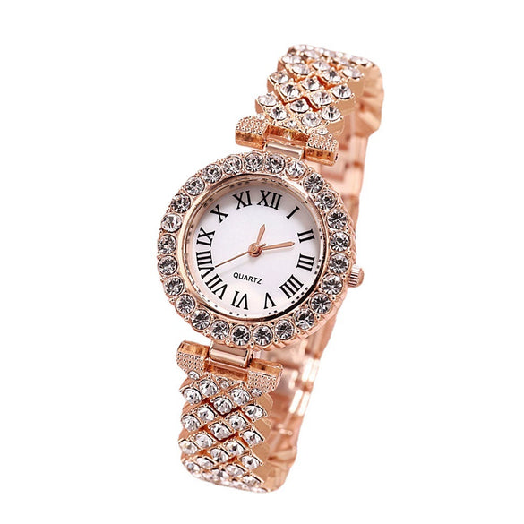 Fashion Luxury Quartz Watch And Double Diamond Bracelet Set Alloy Case Stainless Steel Strap And Clasp Round Dial