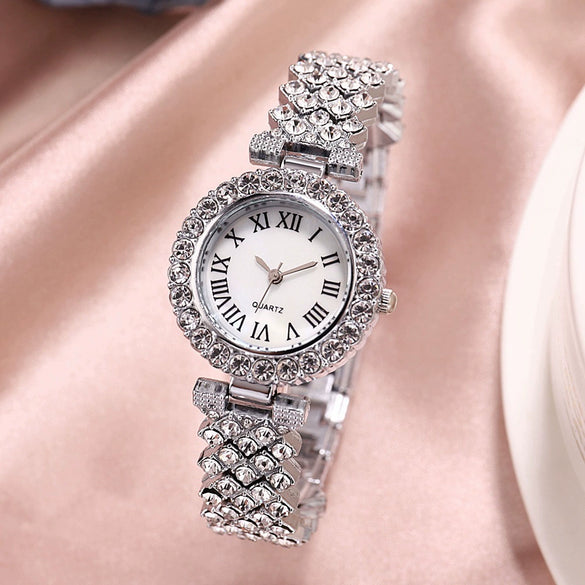 Fashion Luxury Quartz Watch And Double Diamond Bracelet Set Alloy Case Stainless Steel Strap And Clasp Round Dial