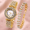 Fashion Luxury Quartz Watch And Double Diamond Bracelet Set Alloy Case Stainless Steel Strap And Clasp Round Dial