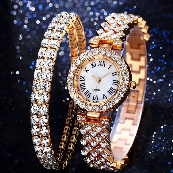 Fashion Luxury Quartz Watch And Double Diamond Bracelet Set Alloy Case Stainless Steel Strap And Clasp Round Dial