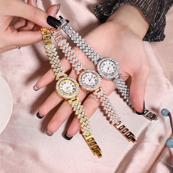 Fashion Luxury Quartz Watch And Double Diamond Bracelet Set Alloy Case Stainless Steel Strap And Clasp Round Dial