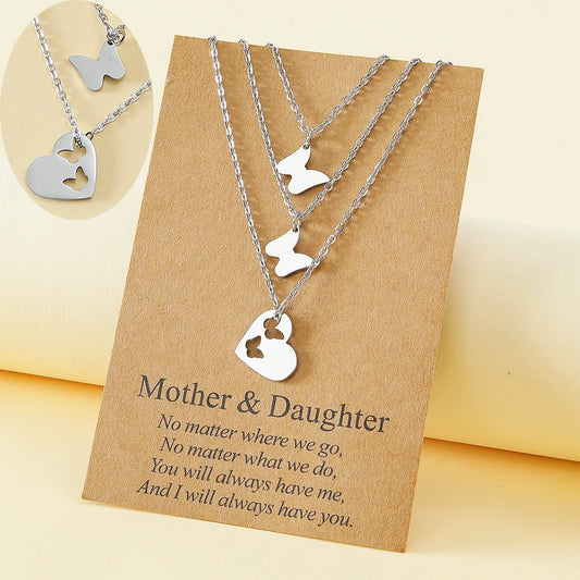 Fashion Mama Butterfly Stainless Steel Polishing Hollow Out Pendant Necklace 3 Piece Set