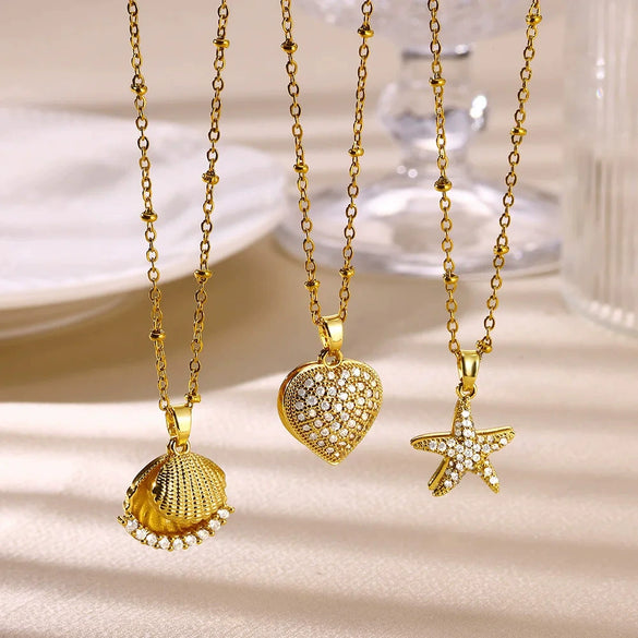 Fashion Marine Series Openable Shell Shape Imitation Pearl Stainless Steel 18K Electroplated Necklace