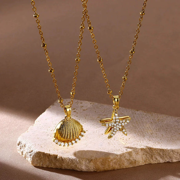 Fashion Marine Series Openable Shell Shape Imitation Pearl Stainless Steel 18K Electroplated Necklace