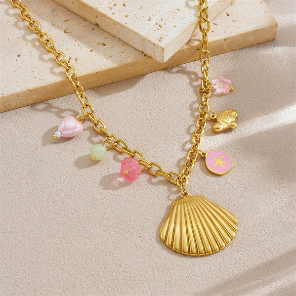 Fashion Marine Series Scallop Starfish Turtle Peach Heart Pendant Goldplated Stainless Steel Necklace