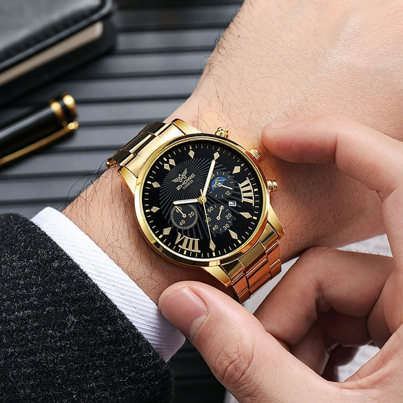 Fashion Men's Alloy Watch With Calendar And Round Dial