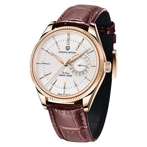 Fashion Men's Watch With Stainless Steel Case And Leather Strap Sapphire Crystal Glass Mirror Round Dial Spiral Crown Pin Buckle