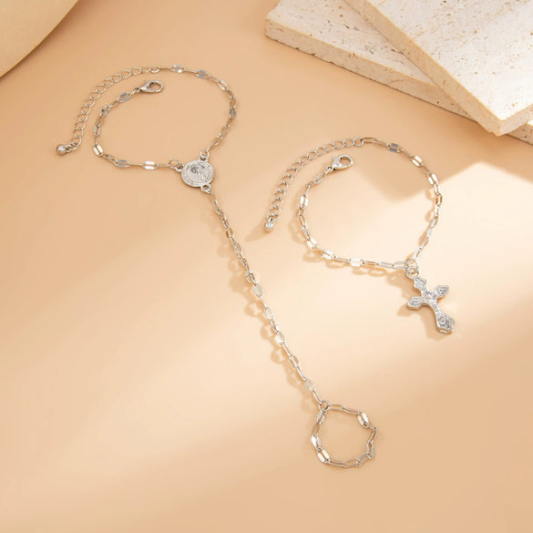 Fashion Metal Chain Cross Mittens Bracelet Coin Pendant Hand Chain Set For Women Alloy Geometric Electroplating