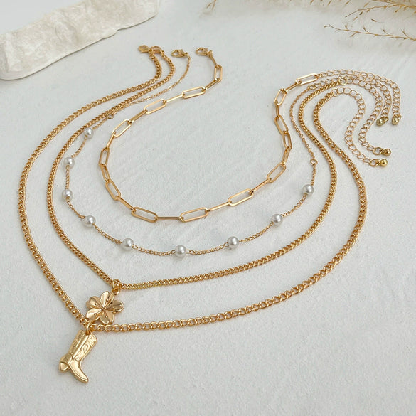 Fashion Metal Flower Geometric Alloy Imitation Pearl Electroplated Necklace For Women