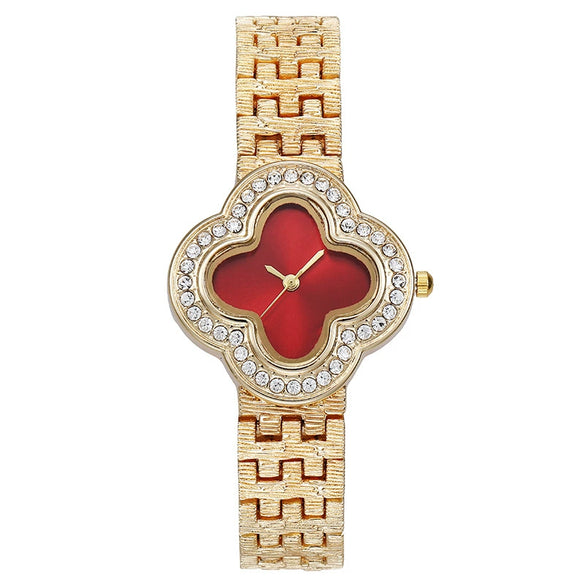 Fashion Metal Fourleaf Clover Women's Quartz Watch With Diamond Embedded And Copper Buckle