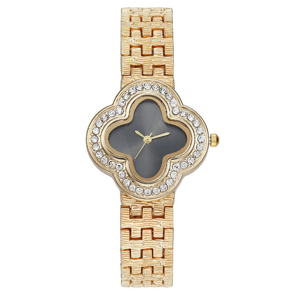 Fashion Metal Fourleaf Clover Women's Quartz Watch With Diamond Embedded And Copper Buckle