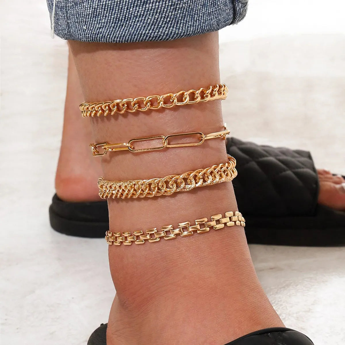 Fashion Metal Geometric Simple Combination Chain Anklet Personality Foot Decoration Four-piece Set