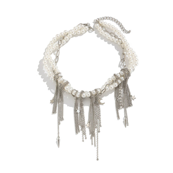 Fashion Metal Star Moon Tassel Heartshaped Imitation Pearl Wrap Necklace Alloy Electroplated