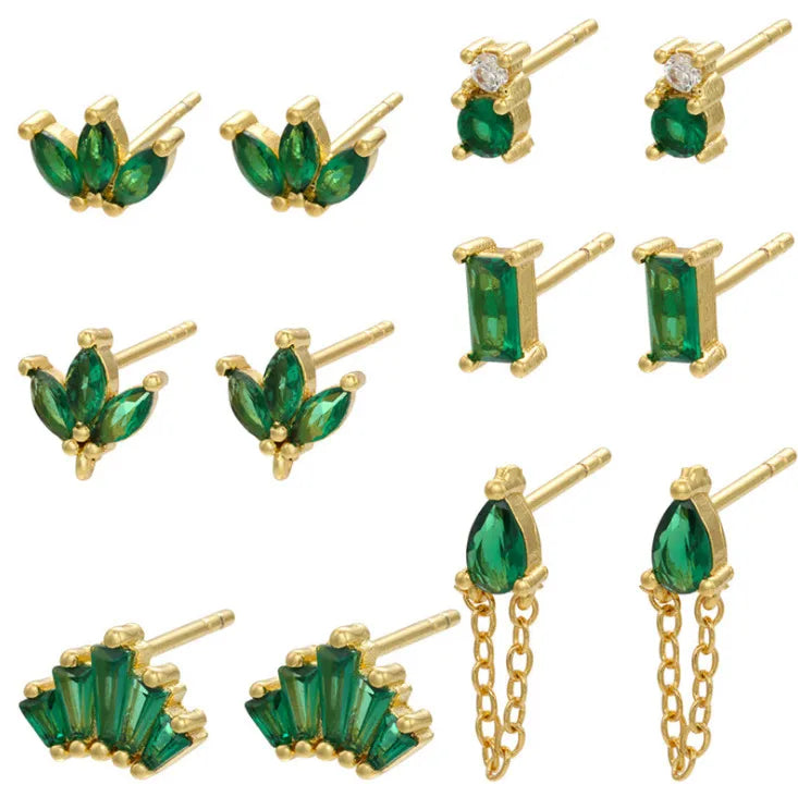 Foreign Trade Micro-Inlaid Geometric Tassel Earrings Women'S Green Gem Diamond Metal Stud Earrings Cross-Border Sold Jewelry Accessories Wholesale